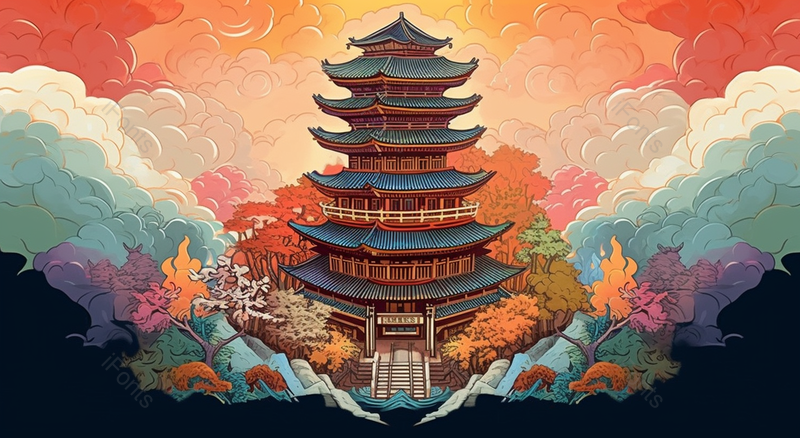 国潮风武汉黄鹤楼地标建筑背景山水画,插画/手绘图,插画/手绘图库,插画/手绘图下载,插画/手绘